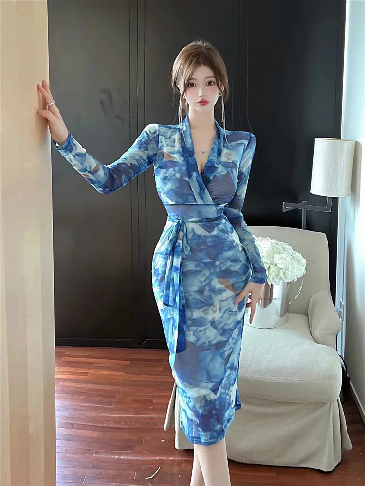 Robe de soirée à fleurs en maille pour femmes, robe crayon à manches longues, robe fourreau au genou, col en V, mode élégante, printemps, été, nouveau, 2025