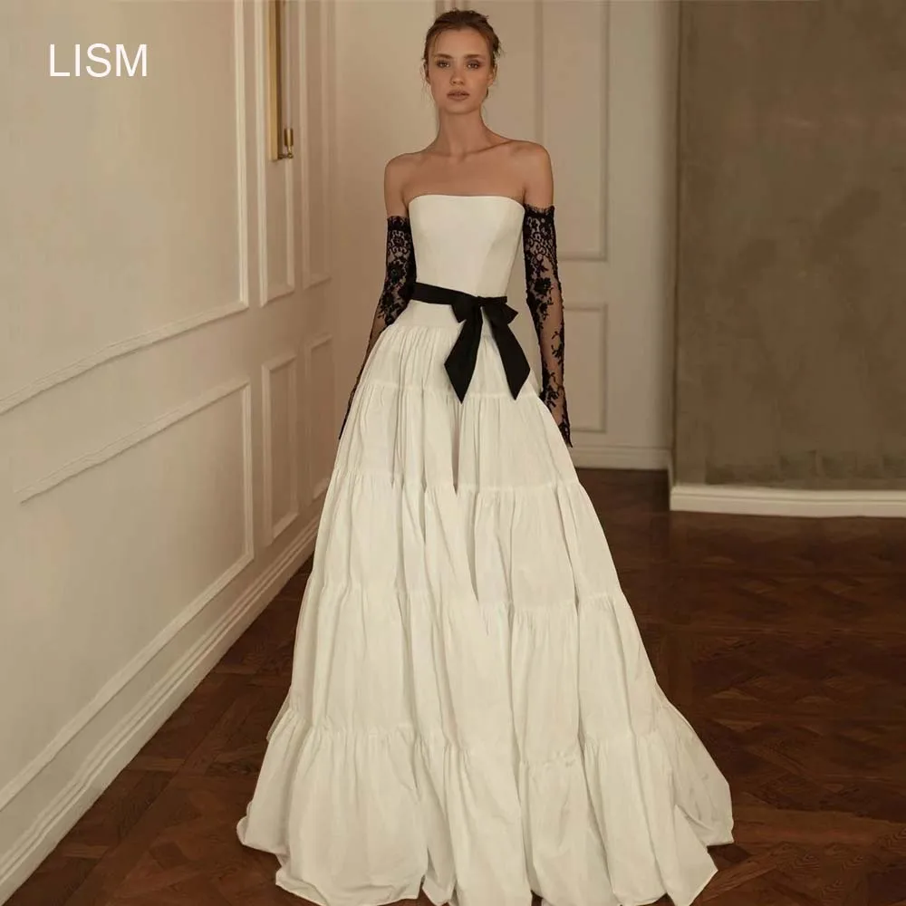 LISM Elegant Strapless Wedding Dresses Black Belt Long Glove Customized A-Line Tiered Ruched Wedding Bridal Gowns 2025 for Women