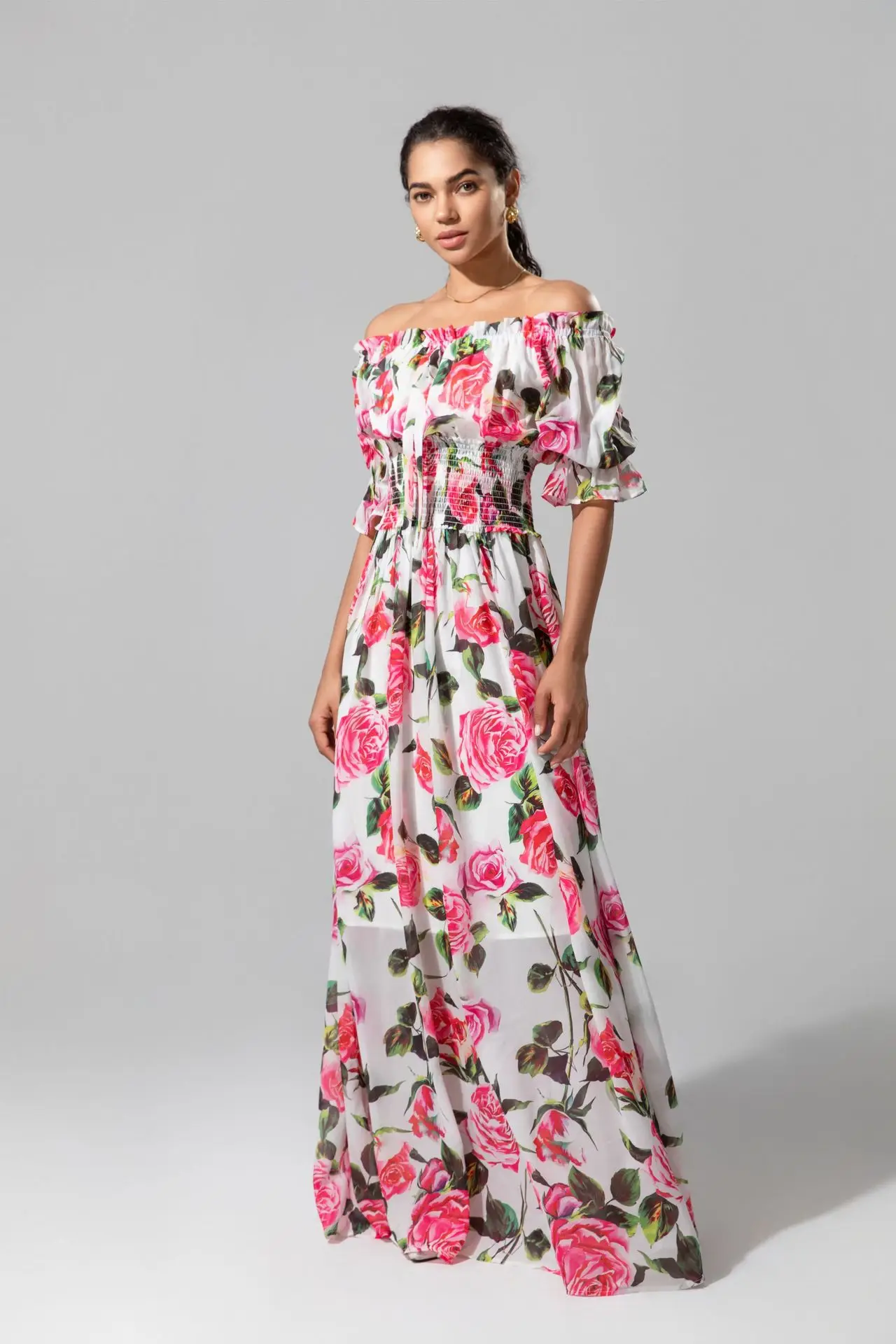 Sukienki damskie Dekolt typu slash Krótkie rękawy Elastyczna talia Kwiatowy nadruk Eleganckie designerskie sukienki maxi Vestidos