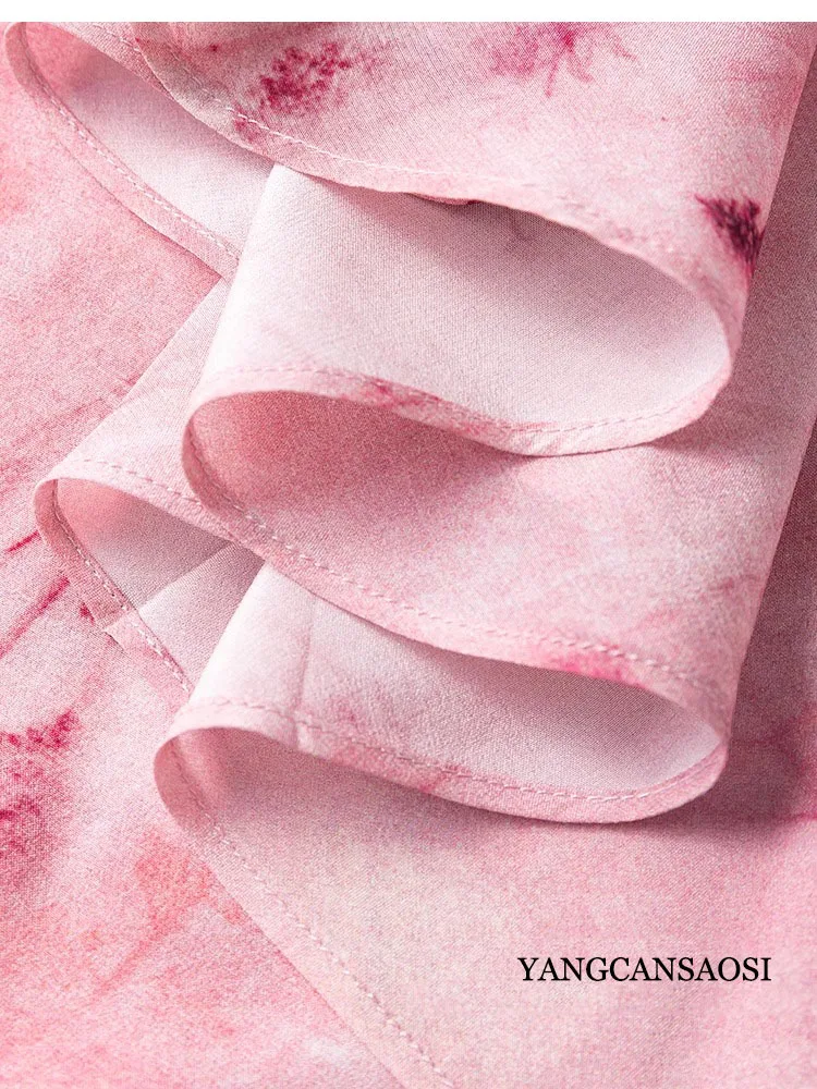 1.4 미터 길이 100% 천연 뽕나무 실크 크레페 드 신 오블리크 컷 민소매 휴가 스타일 여성 캐주얼 프린트 드레스