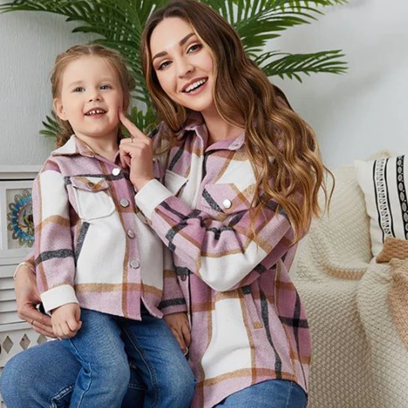 2024 Autumn Winter Women Girls Fleece Shirt Coat Plaid Print Warm Mommy and Me Clothes Outerwear with Pocket Family Look Jacket