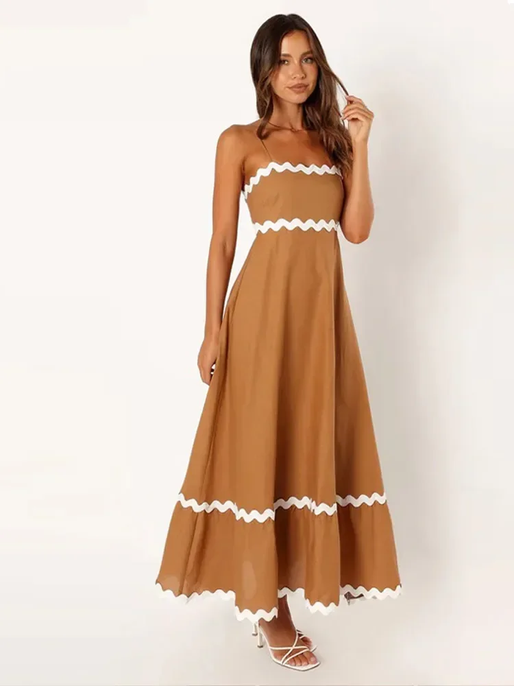 Robe longue patchwork à rayures ondulées pour femmes, robe mi-longue élégante à bretelles spaghetti, robe de soirée dos nu pour femme, mode féminine