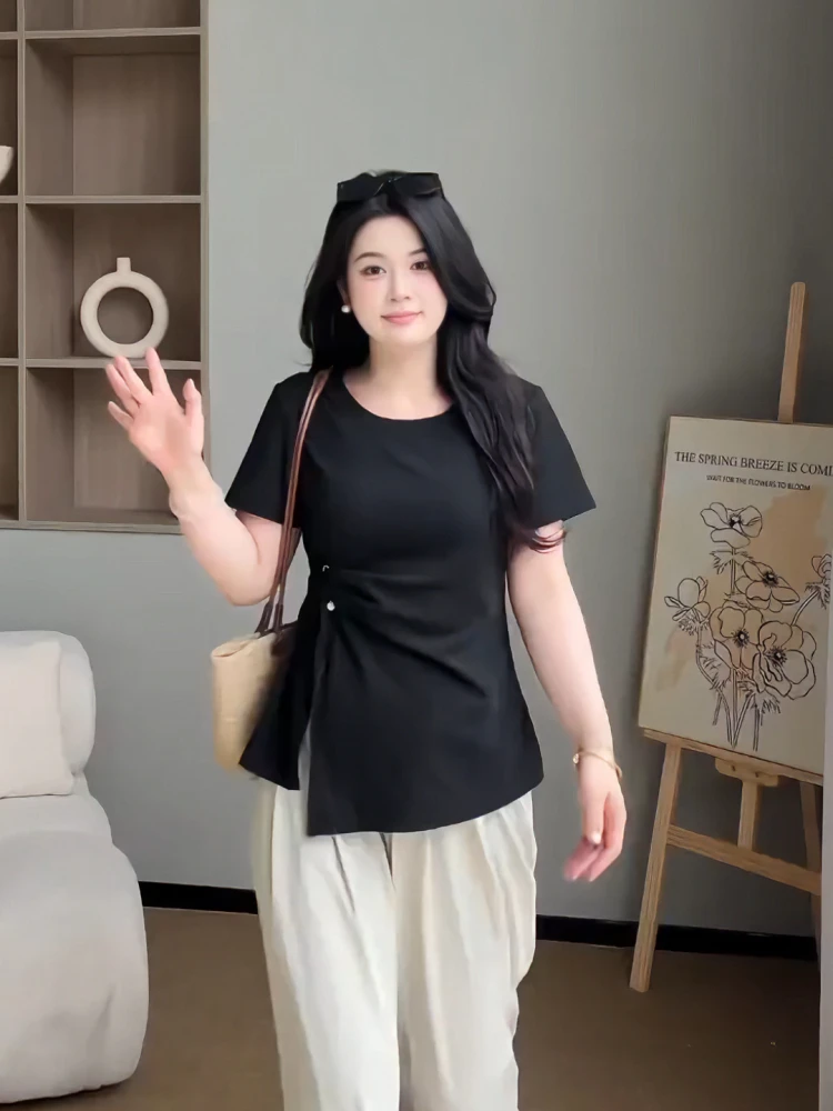 

Женская футболка больших размеров, круглая Ne ort Sve, асимметричный подол, утягивающий летний модный корейский топ для молодых женщин