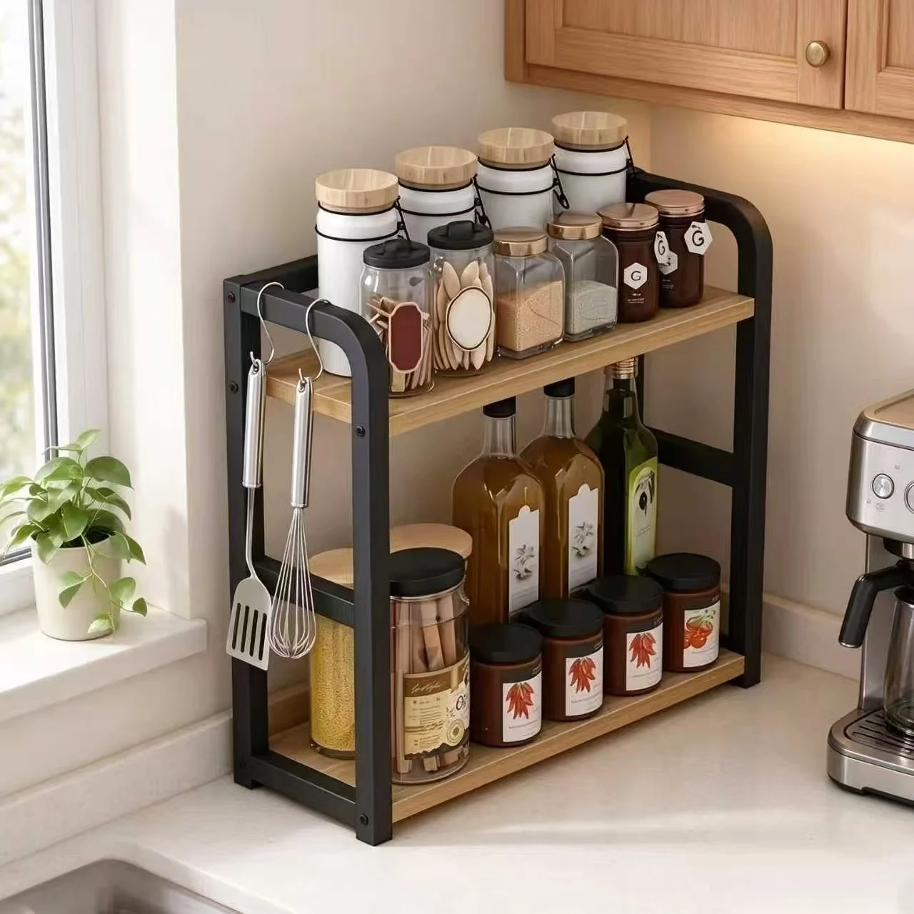 2-Tier Rustproof Metal Countertop Organizer, Multi-purpose Kitchen Storage Rack for Coffee Mugs, Spices & Seasoning Bottles, 1pc