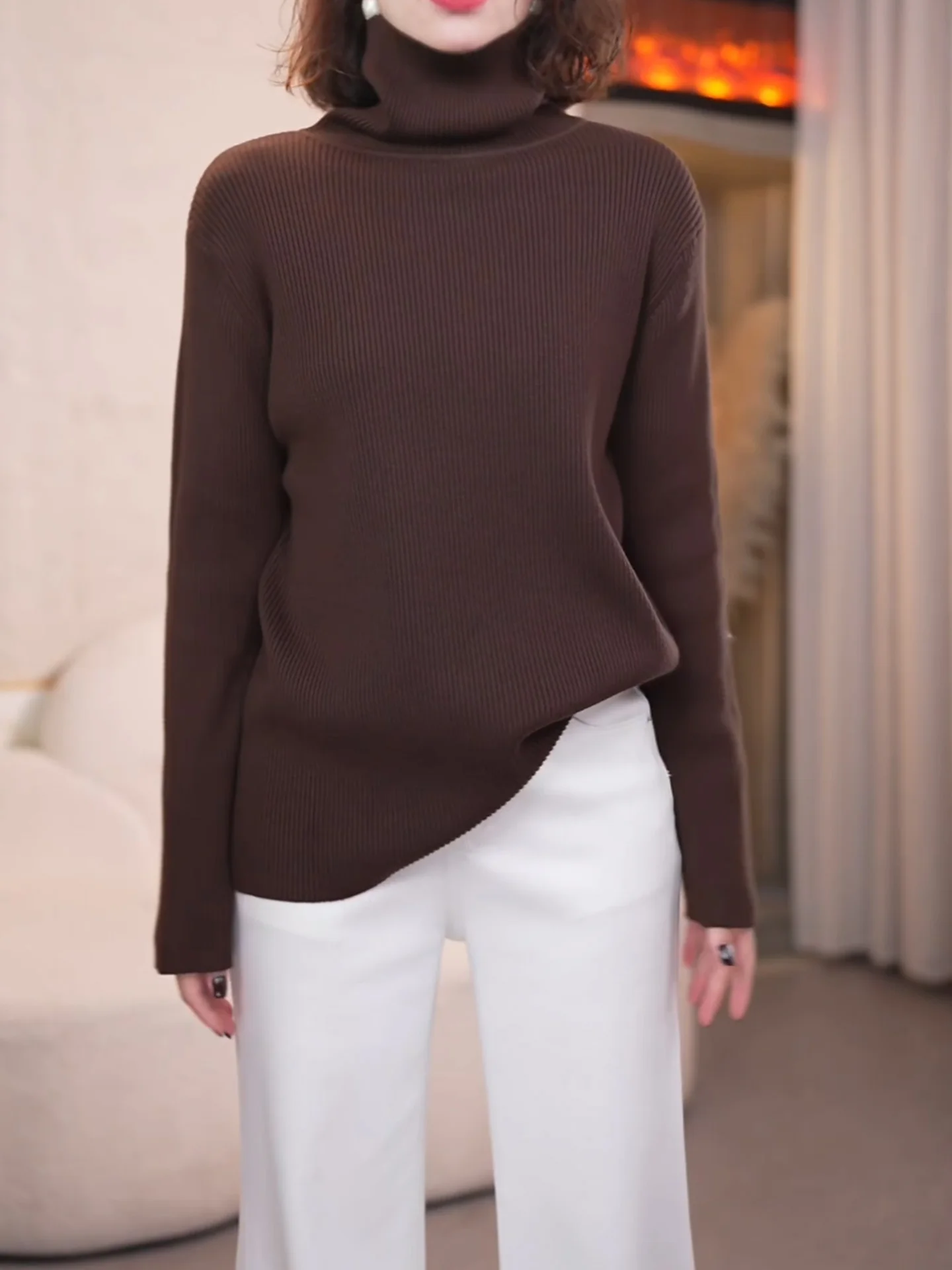 

Autumn Winter Large Size Coffee Color Simple Slimming Women's Knitted High Collar Base irt Korean Sle Warm Long Sve