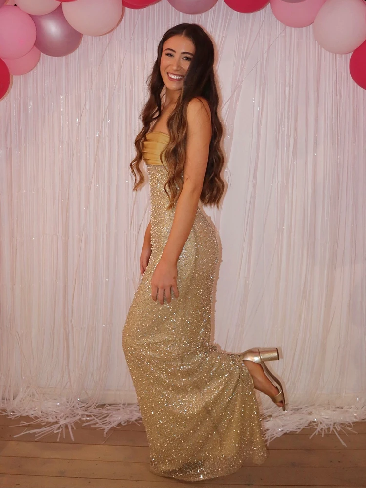 PB Glamorous Gold Strapless เลื่อมลูกปัด Mermaid ชุดยาวเซ็กซี่ Bodycon วันเกิด Party Prom Clubnight ชุด