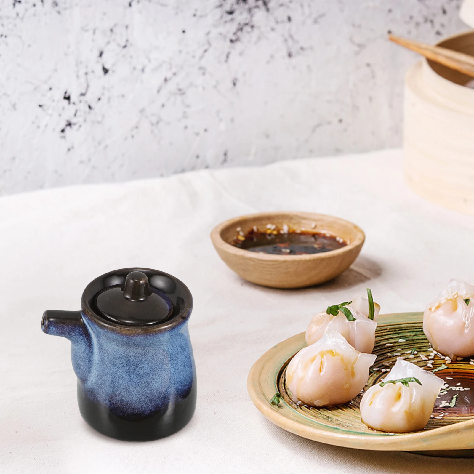 

1Set Elegant Japanese Ceramic Soy Sauce Bottle Condiment Jar Experience Versatile Use Spice Container Wood Tray