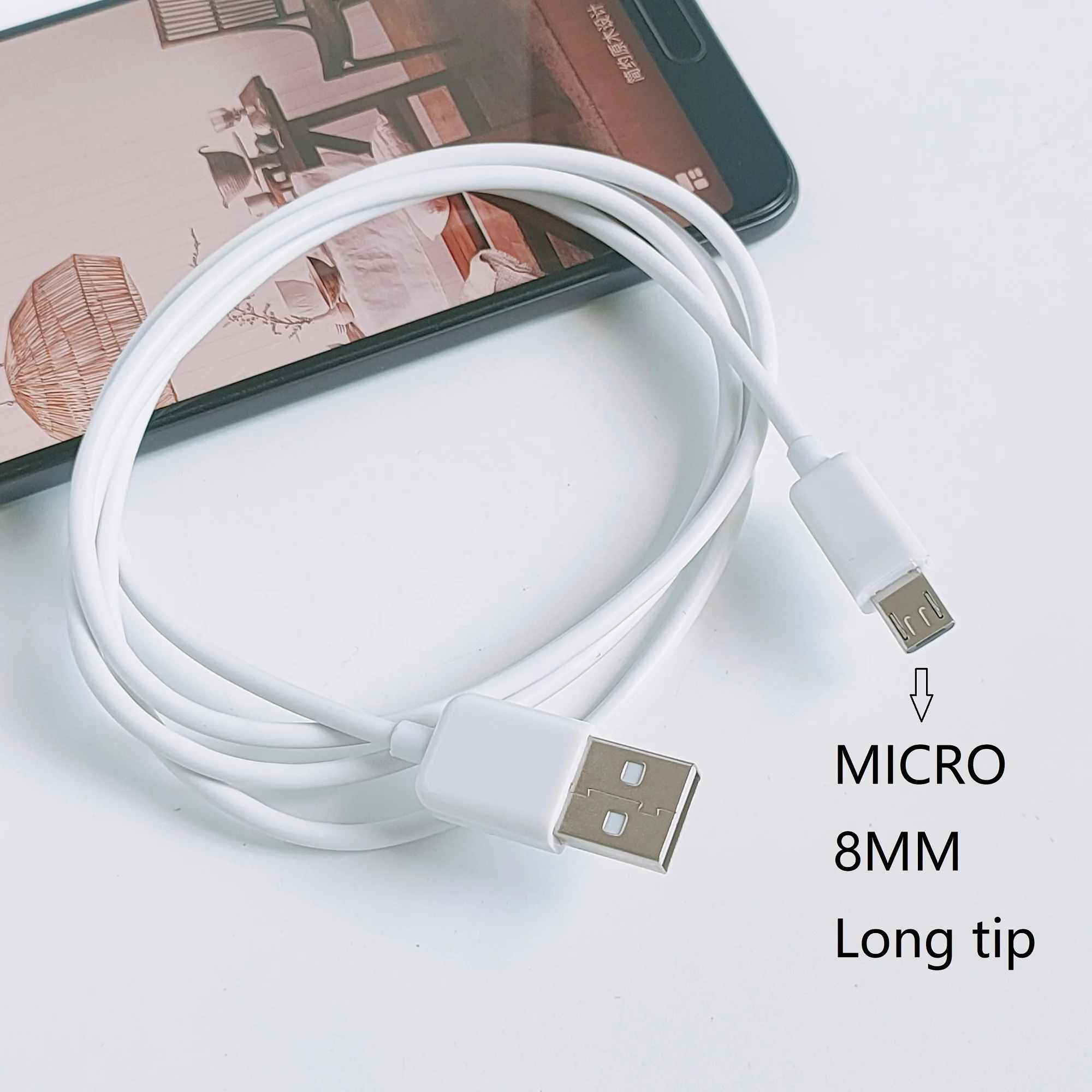 2PCS/LOT 8mm extra long tip Micro usb data charge cable android usb cable