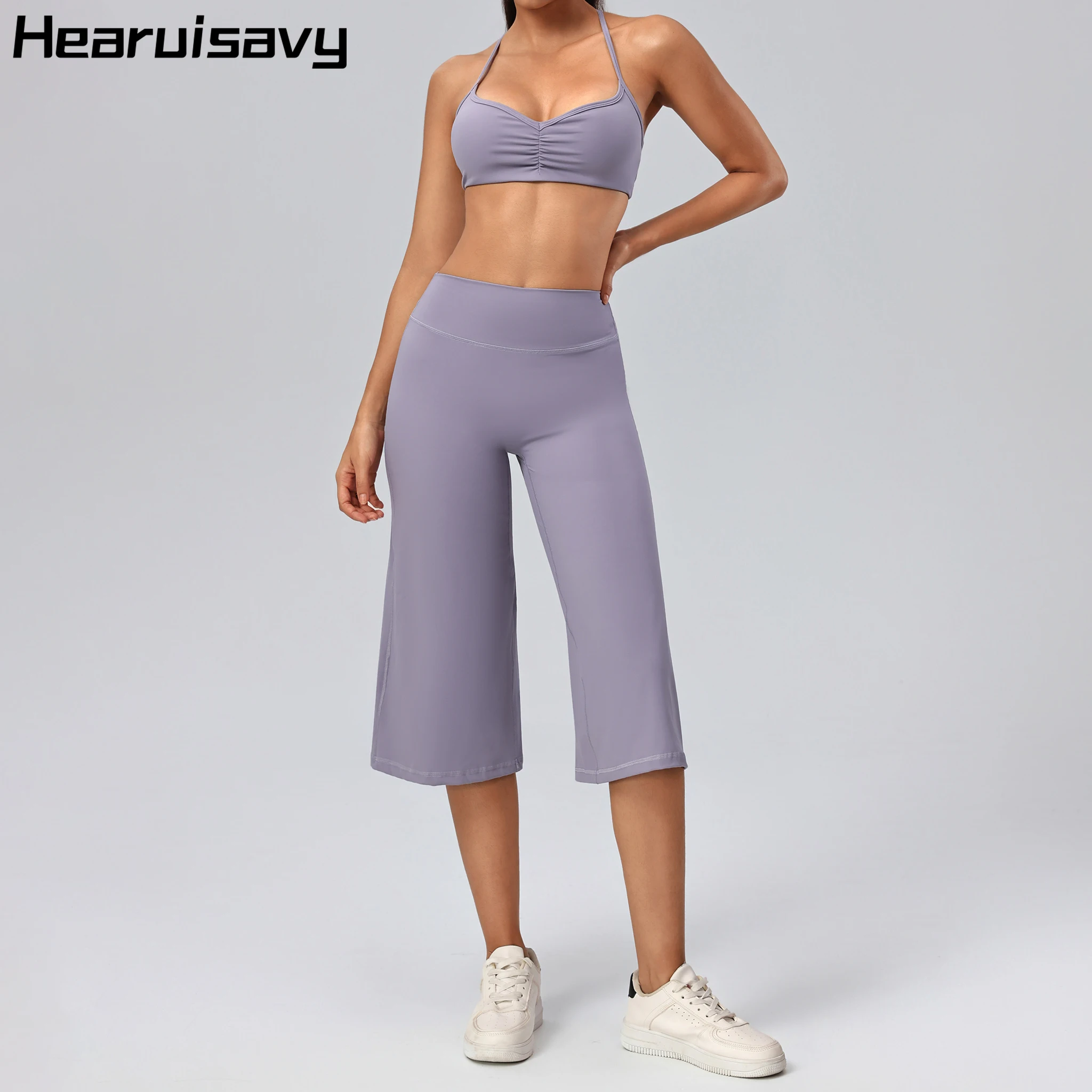 Hearuisavy Women's 2Pcs Fitness Set High Waist Wide Leg Sports Capri Pants Cropped Length Ruched Front Yoga Bra Gym Workout Top