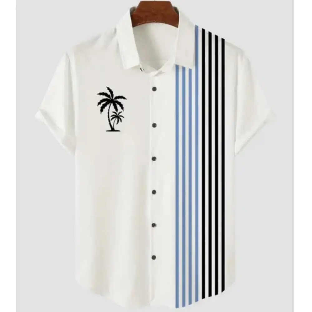 Simple Stripe Men\'s Hawaiian Shirt Casual Short Sleeve Men European Size 2023 Fashion Caual Breathable Tops