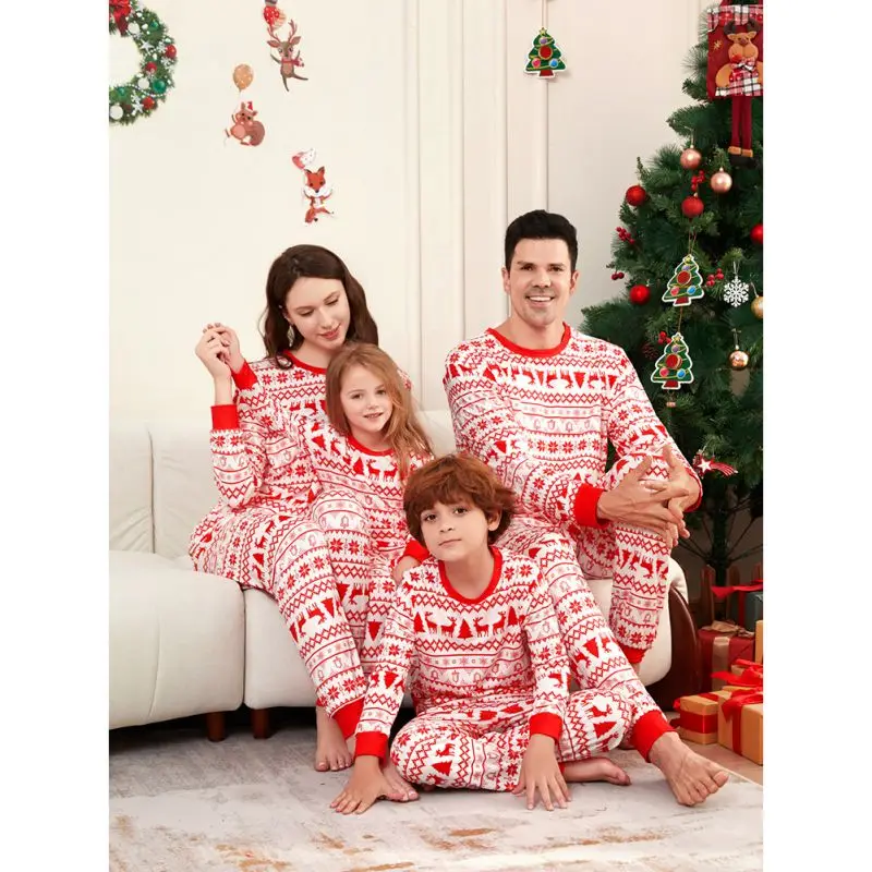 Xmas Family Matching Pajamas Set Classic Red Printed Long Sleeve Cozy Adult Kids Sleepwear Family Matching Outfits Family Pj's