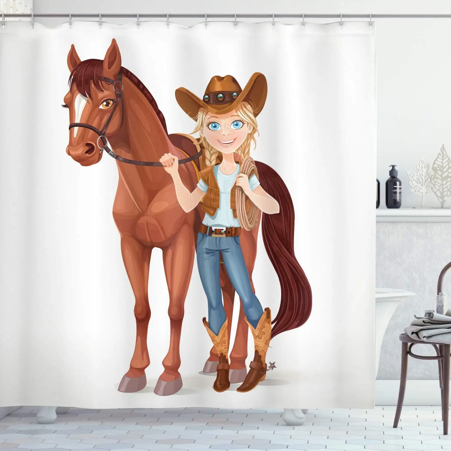 

Cowgirl and Horse Shower Curtain Western Theme Cartoon Design Kids Bathroom Decor Waterproof Fabric Fun Animal Art Home150x210