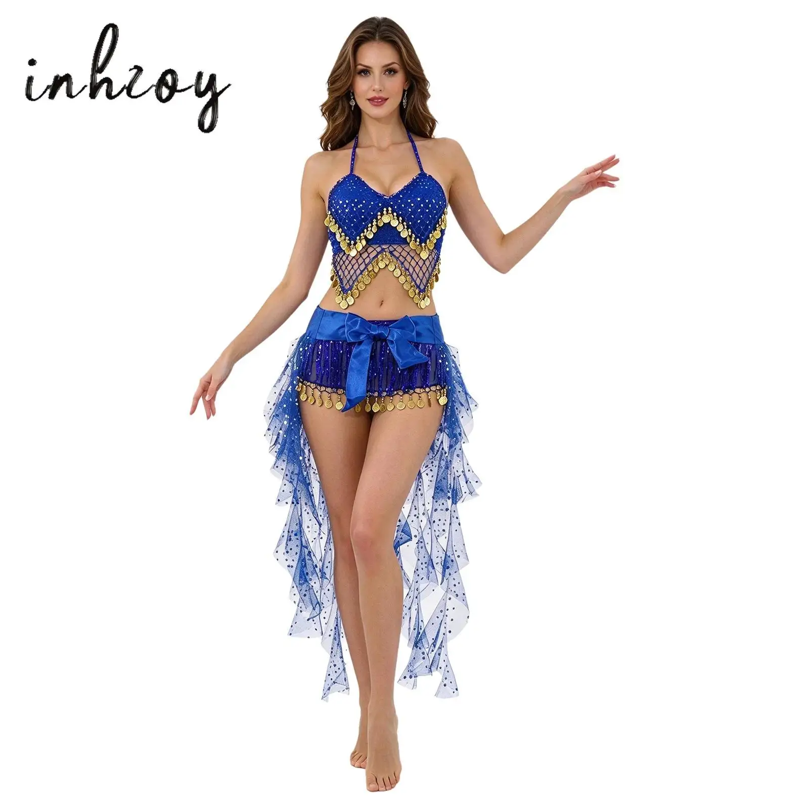 Women 3-piece Belly Dance Outfit Sequin Tassel Padded Bra Top+Lace-up Waist Chain+Open Front Split Tulle Skirt Belly Dancewear