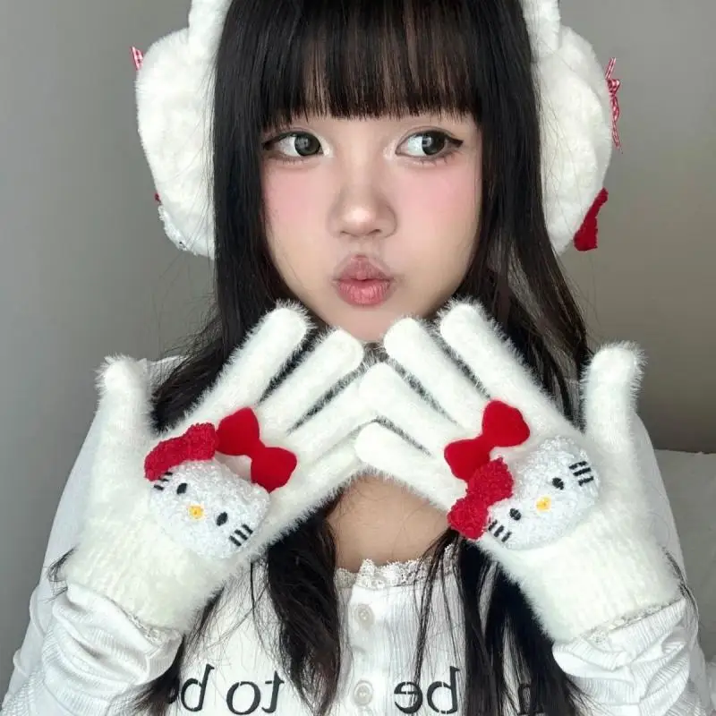 

Hello Kitty Thick Warm Windproof Five Finger Winter Protection Gloves New Sanrio Kawaii Cartoon Cute Anime Glove Creative Gifts