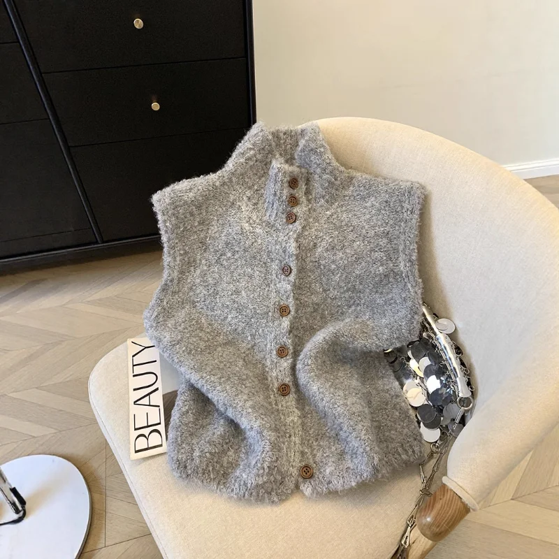 Soft Knitted Vest Cardigan Women Autumn Winter New Style Korean Version Loose Stand Collar Sleeveless Sweater Coat