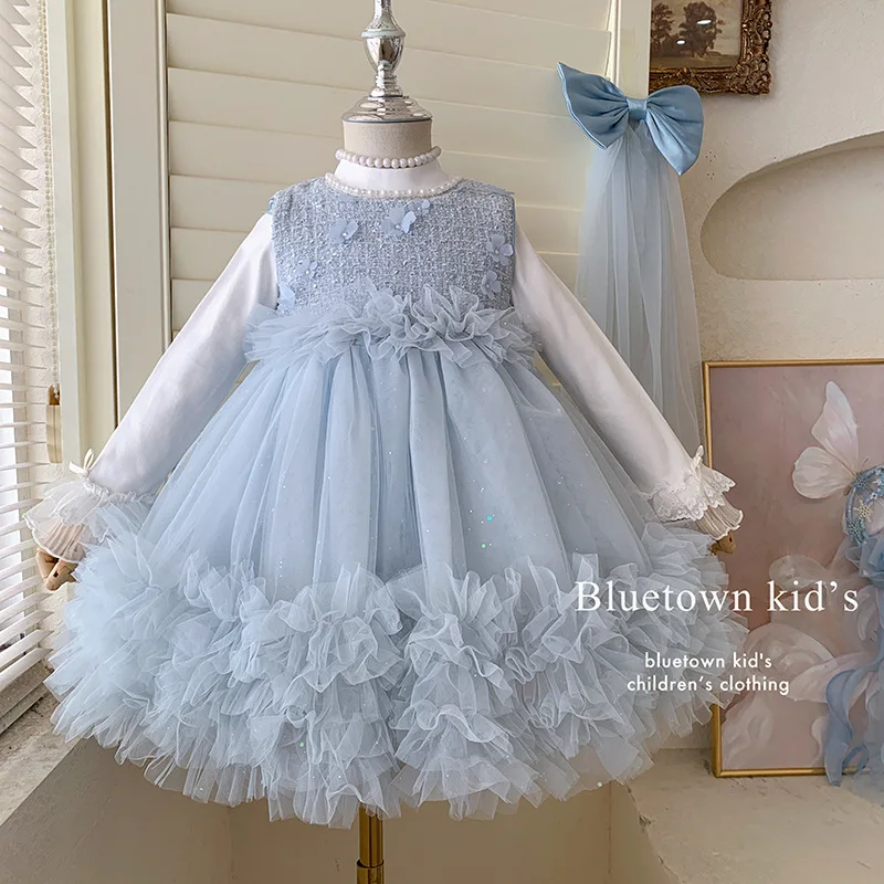 Girl's Blue Princess Skirt Autumn Treasure Cake Puff Yarn Skirt Children's Birthday Sleeveless Dress