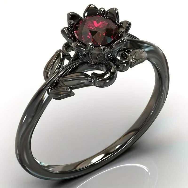 LATS Black Color Flower Red Stone Rings for Women Charm Jewelry Accessories Rose Ring Party Gift