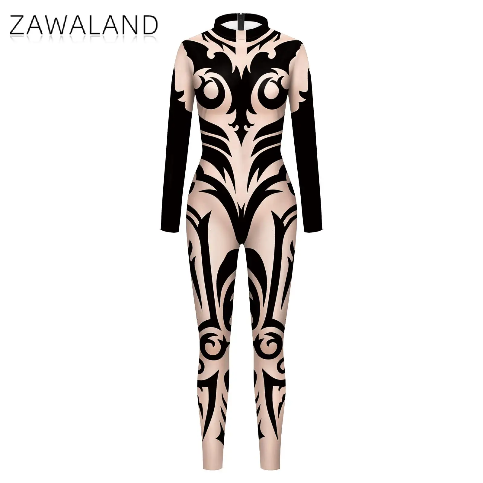 Zawaland ชุดแต่งตัวฮาโลวีนเสื้อผ้าผู้หญิงราชินี zentai ชุดจั๊มสูทมีซิปด้านหลังพิมพ์ลาย3D ชุดบอดี้สูทเซ็กซี่สำหรับผู้หญิง