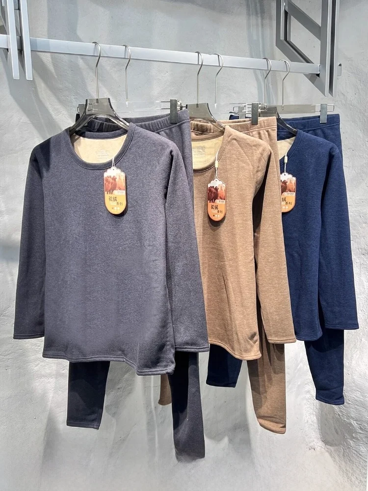 

Thermal Camel down Fleece Lined Thickened Autumn Winter Underwear Set for Men And Women Warm Long Sleeve Pants Couple Matching