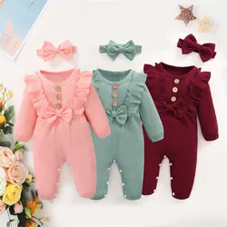 Newborn Baby girl Bodysuit long Sleeved Ruffle Solid color Bodysuit  Autumn Bodysuit  Suitable for Infants aged 0-18 Months