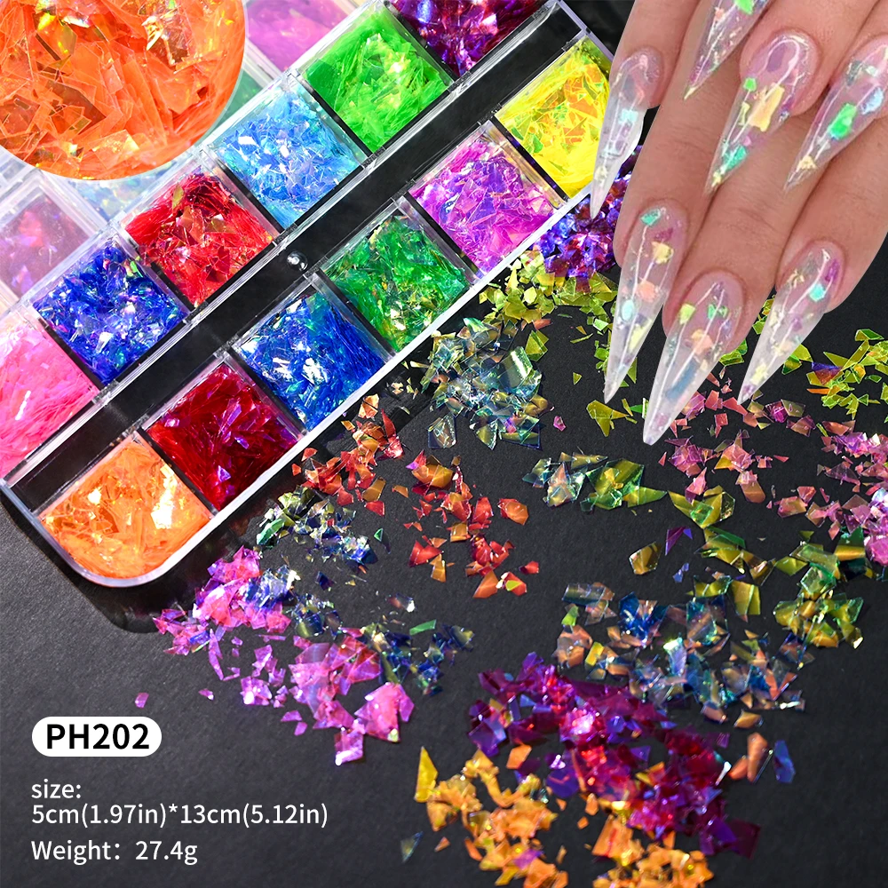 12Grids Holographic Mermaid Nail Art GlitterIrregular Rainbow-Candy Color Nail Art Flakes Sequins Gradient Bright Nail Sequin