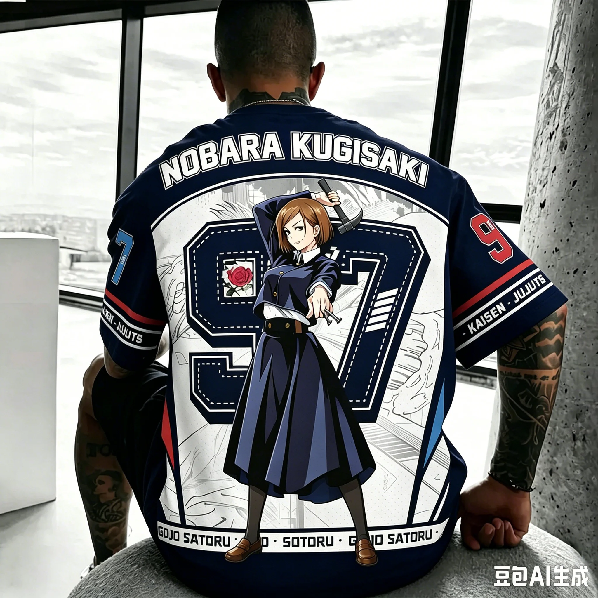 Men Jujutsu Kaisen Nobara Kugisaki 97 Number Graphic T-Shirt Full Back Print Oversized Mesh Y2K Street Anime Fan Daily Outfit view 2