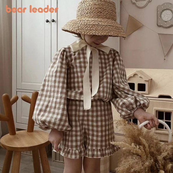 Bear Leader Autumn Countryside Style Girls' Set Girls' Khaki Checkered Long Sleeve+Lace Shorts Two Piece Set Children's Set