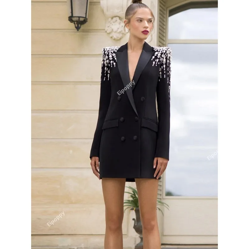 

Newest 2024 Designer Jacket Women's Double Breasted Rhinestone Beaded Long Blazer Dress