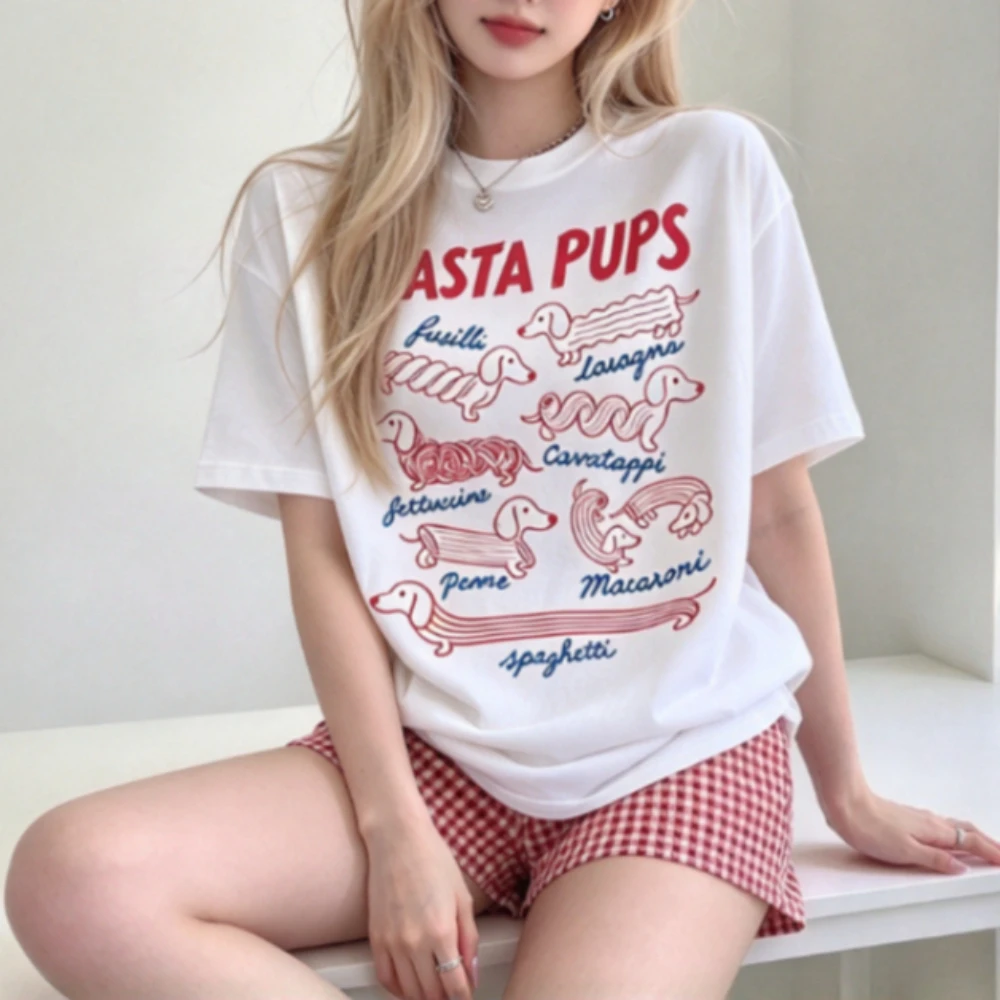 Cute Pasta Pups Letter Print Women T-shirt Funny Dachshund Spagetti Graphic Shirt Short Sleeve Cotton Top Tee Italian Foodie