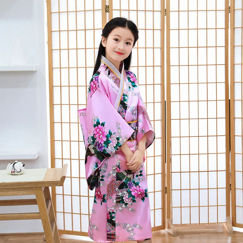 

2024 Children Girls Red Japanese Kimono Bathrobe Gown Print Flower Performance Clothing Yukata With Obitage Soft Cosplay Costume