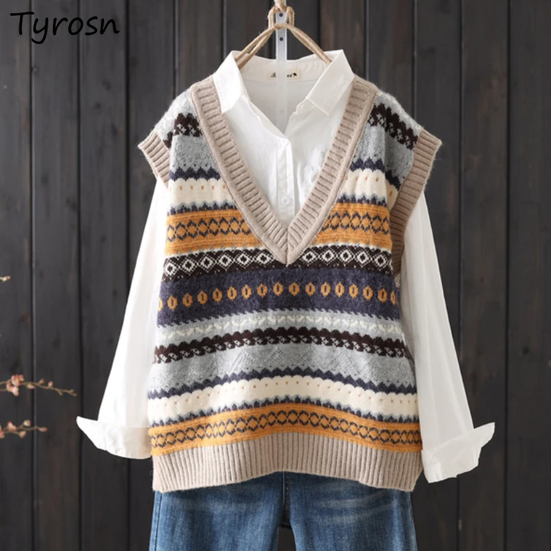 

Sweater Vests Women Loose Indie Folk Style Vintage Design Chic Autumn Winter Cozy Soft Personality Fashion Knitwear Harajuku Y2k