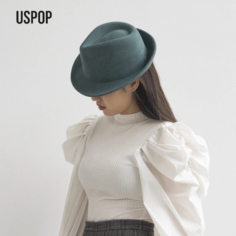 

USPOP Unisex Rabbit Wool Blend Roll-Brim Fedora Hat Autumn Winter Casual Outdoor Warm Hat for Men Women M/L Sizes
