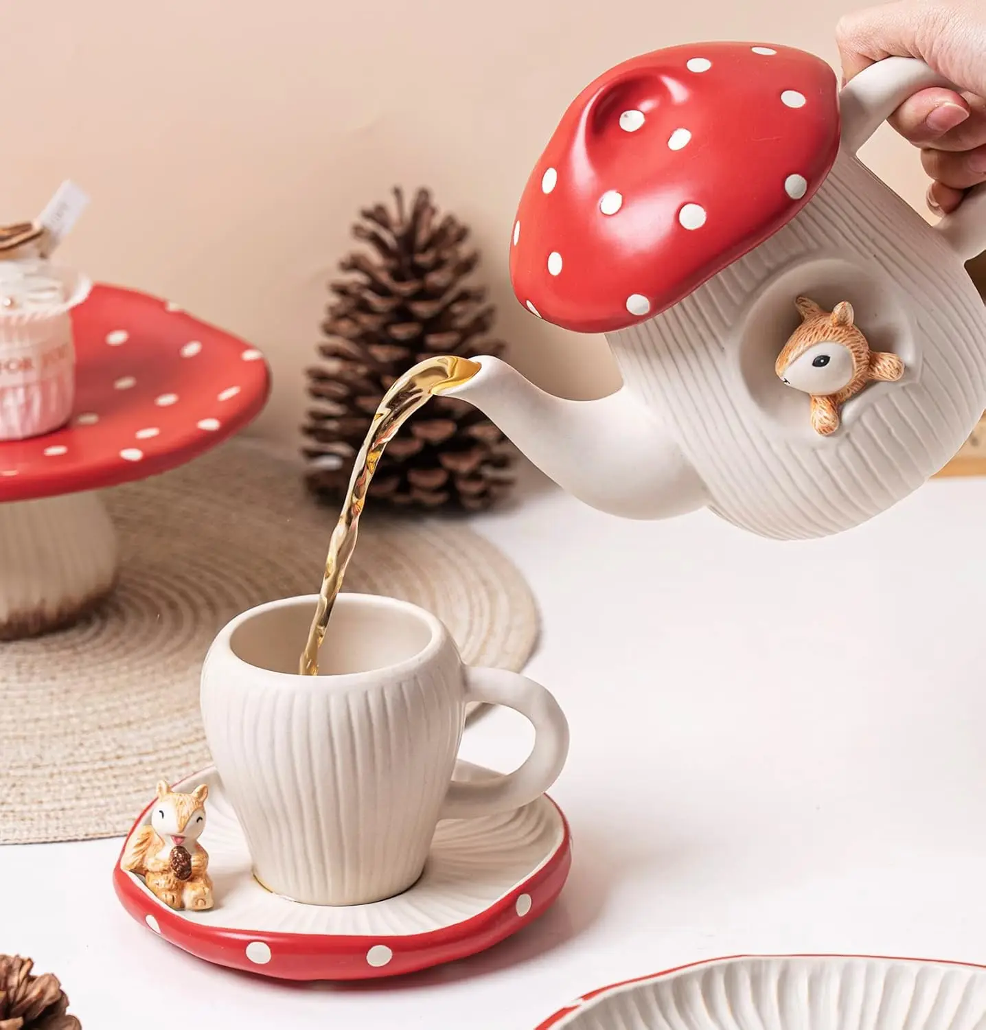 Cute Mushroom Mug with Saucer & Teapot,Handmade Glaze Polka Dot Lid, Safety Matt Ceramic Tea Pot,Best Gifts for Women & Girls - view 5