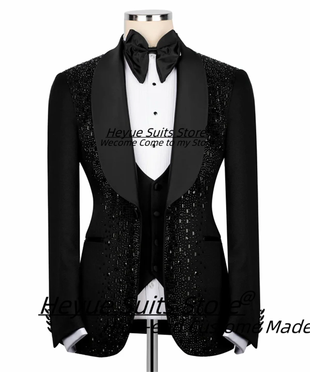 

Роскошные черные свадебные смокинги для жениха, индивидуальный пошив, блестящая вышивка кристаллами, мужские костюмы из 3 предметов, мужской пиджак для выпускного вечера, Ropa Hombre