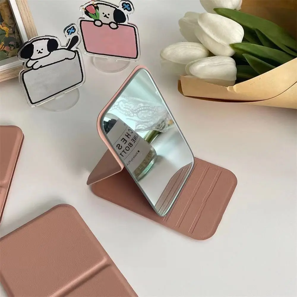 

Desktop Makeup Mirror Solid Color PU Leather Simple Portable Handheld Makeup Mirror Foldable Student Compact Cute Pocket Mirror