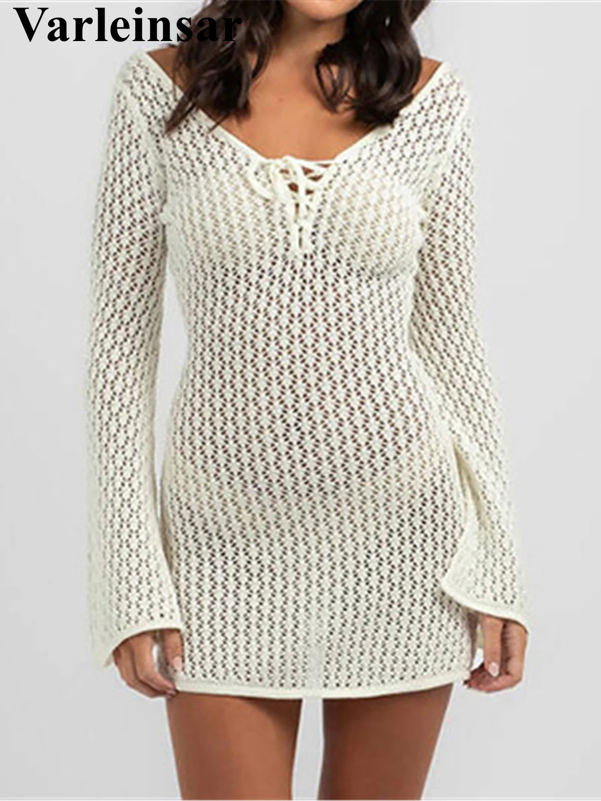 V Neck Long Sleeve Hollow Out Crochet Knitted Tunic Beach Cover Up Cover-ups Beach Dress Beach Wear Beachwear Female Women V6081