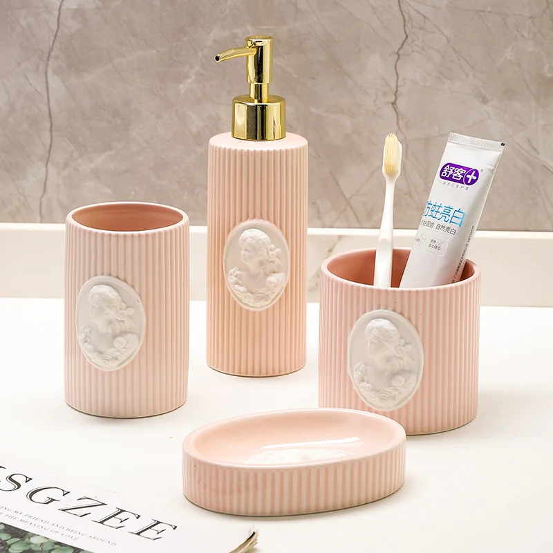 

Bathroom Decoration Accessories, Shampoo Dispenser, Mouthwash Cup, Soap Box, Toothbrush Holder, Embossed Ceramic Lotion Bottle