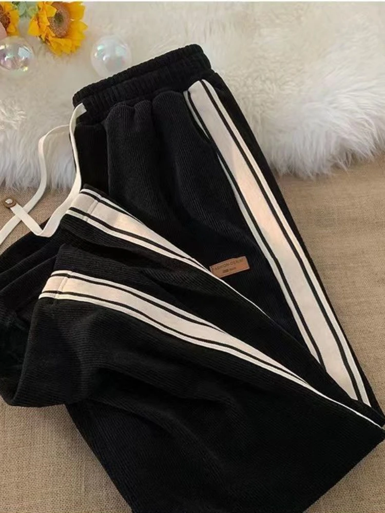 Deeptown American Retro Striped Corduroy Sweatpants Autumn Fashion Vintage Casual Straight Trousers Y2k 2024 Spring Autumn