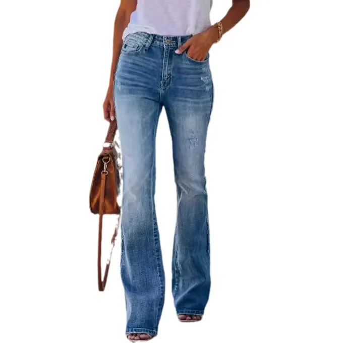 Vaqueros XXL de cintura alta elásticos acampanados de an tamaño para mujer, plones largos de cintura alta a la moda de ...