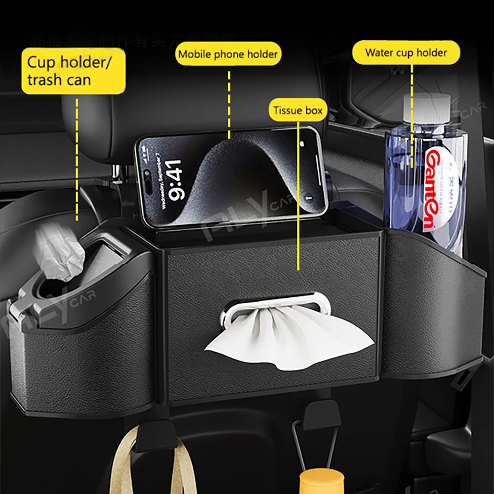 Universal Car Backseat Organizer with Tissue Dispenser,Trash Bin,Storage Pockets & Hooks–Car Back Seat Organizer Multifunctional view 2
