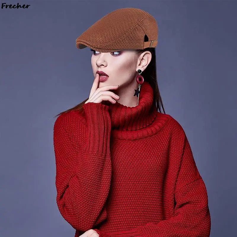 Breathable Mesh Summer Newsboy Caps Women Flat Hats Men British Beret Hat Driving Cabbie Cap Golf Caps Adjustable Belt Casquette