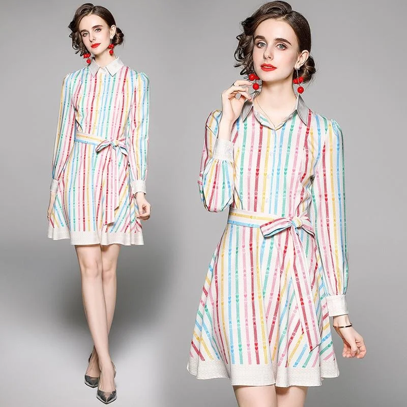 Fashion New Long Sleeve Office Lady Dresses Graceful Rainbow Striped Polo Neck T-shirt Skirts Single Breasted Bandage Vestidos