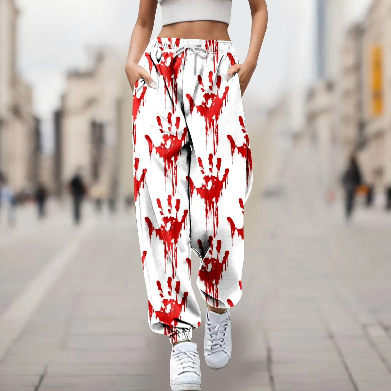 Drawstring Blood Print Halloween Jogging Pants Women High Waisted Elastic Loose Trousers Casual Pockets Festival Sweat Pants