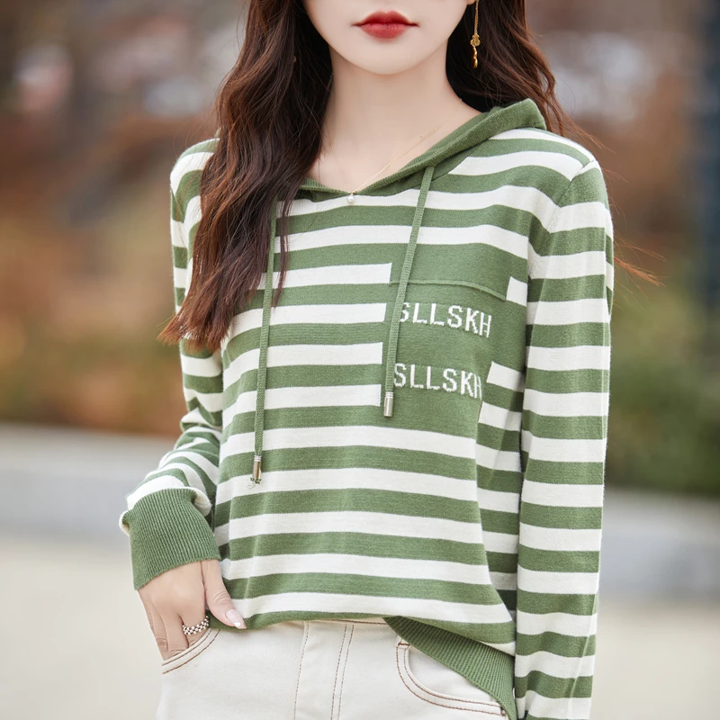 

Весенне-осенний новый женский полосатый вязаный свитер из 100% хлопка с длинными рукавами, свободная рубашка с капюшоном и завязками, подходящая по цвету нижняя рубашка