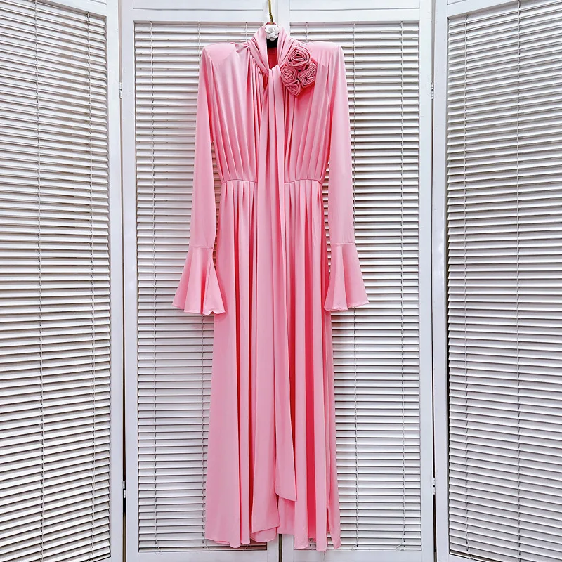 JAMERARY 2024 Summer Runway Designer Holiday Ruched Dresses Women Flower Rose Collar A Line Chiffon Solid Long Seeve Maxi Robe