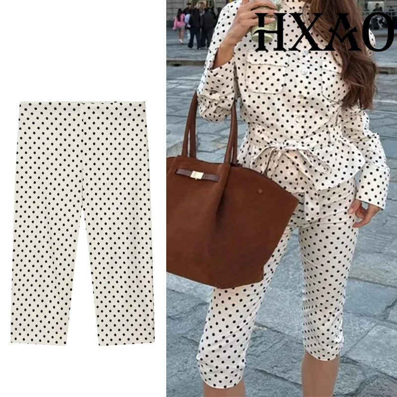 HXAO Women's Capri Pants Spring Summer Polka Dot Pants For Woman Streetwear Chic Mid Rise Straight-Leg Cropped Trousers Set