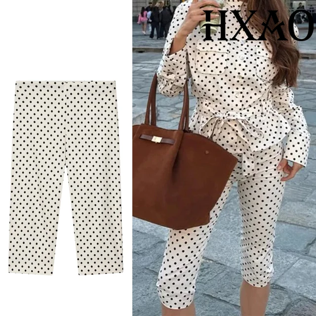 HXAO Women's Capri Pants Spring Summer Polka Dot Pants For Woman Streetwear Chic Mid Rise Straight-Leg Cropped Trousers Set