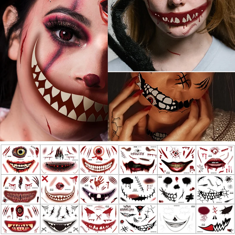 Aufkleber Halloween gruselige Tätowierung Horror Make-up falsche Narbe Gesicht temporäre Tattoos Einweg wasserdichte Party Aufkleber für Frauen Mädchen