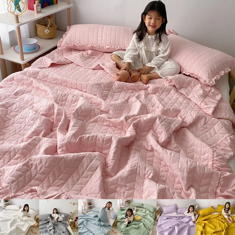 2024 NEW Chiffon Summer Quilt Set Quilted Girl Heart Washed Cotton Ruffled Double Bed Cover 150/200cm