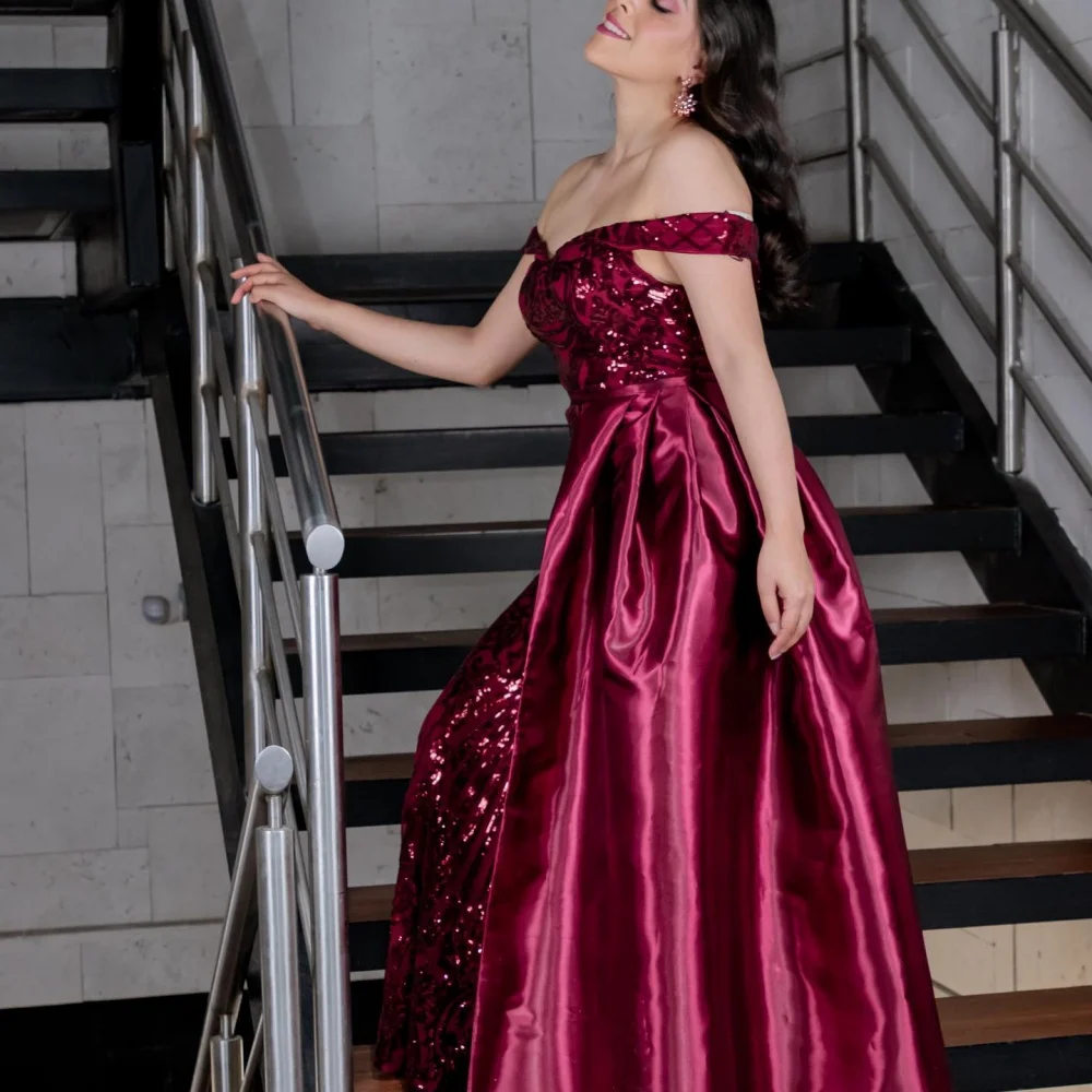 Amanda Customized Red One Shoulder Sequins Prom Dresses A-line Backless vestidos de noche Sleeveless Floor-Length Formal Evening